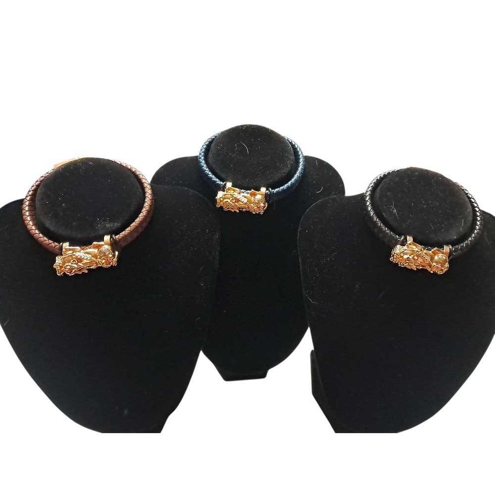 Pu Leather Dragon Bracelets Lot Of 3.  Black, Navy Blue And Brown. Stainless Ste